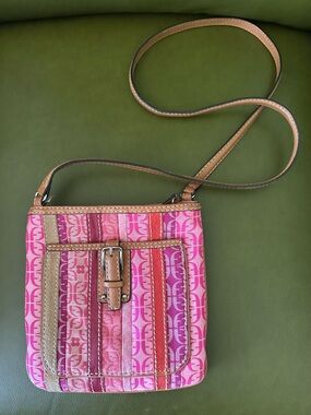 Pink Striped Crossbody Bag with Tan Trim